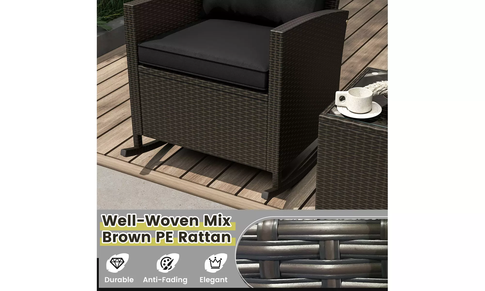 Costway 3 PCS Patio Wicker Rocking Set with Tempered Glass Table & Soft Cushions