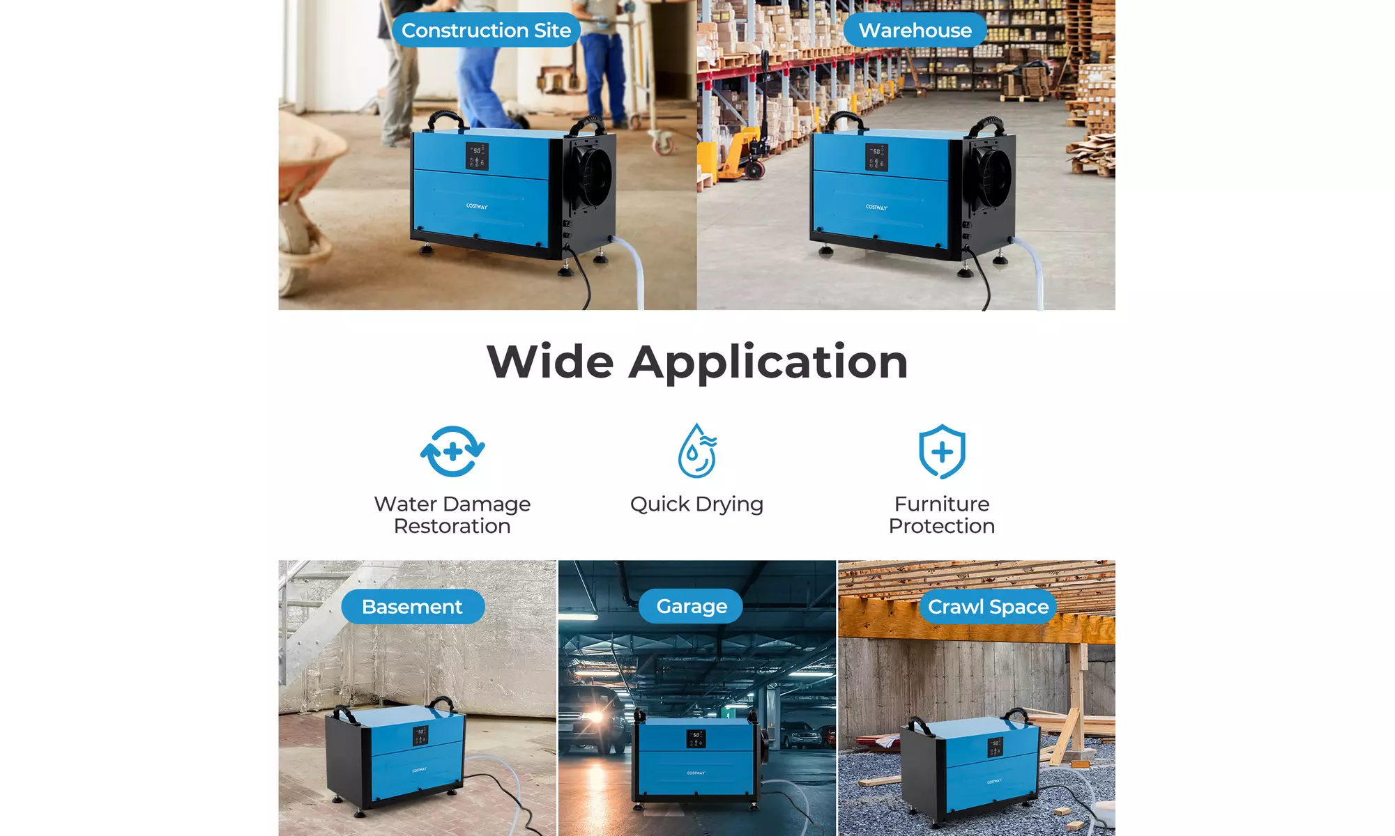Costway Crawl Space Dehumidifier Commercial Dehumidifier w/ 3 Modes & 24H Timer