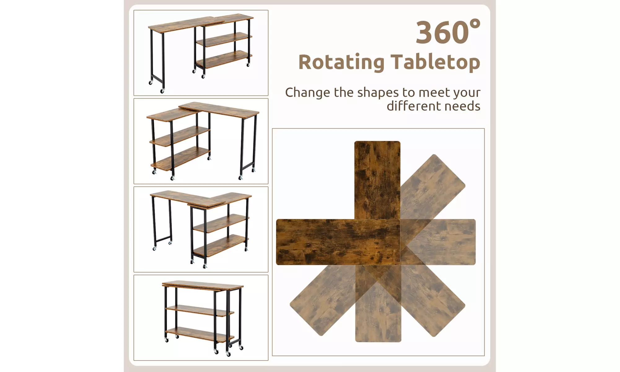 Costway 360-degree Rotating L-Shaped Sofa Side Table with Shelf