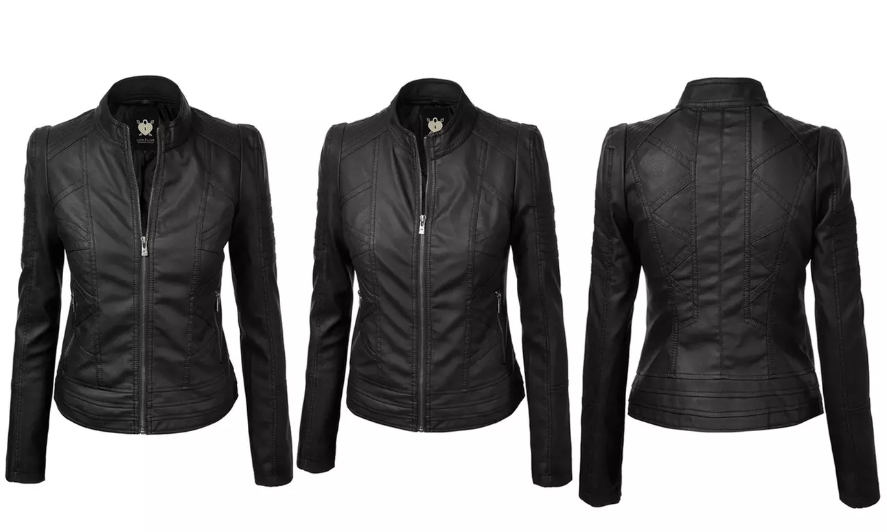Made By Johnny Womens Faux Leather Zip Up Moto Biker Jacket