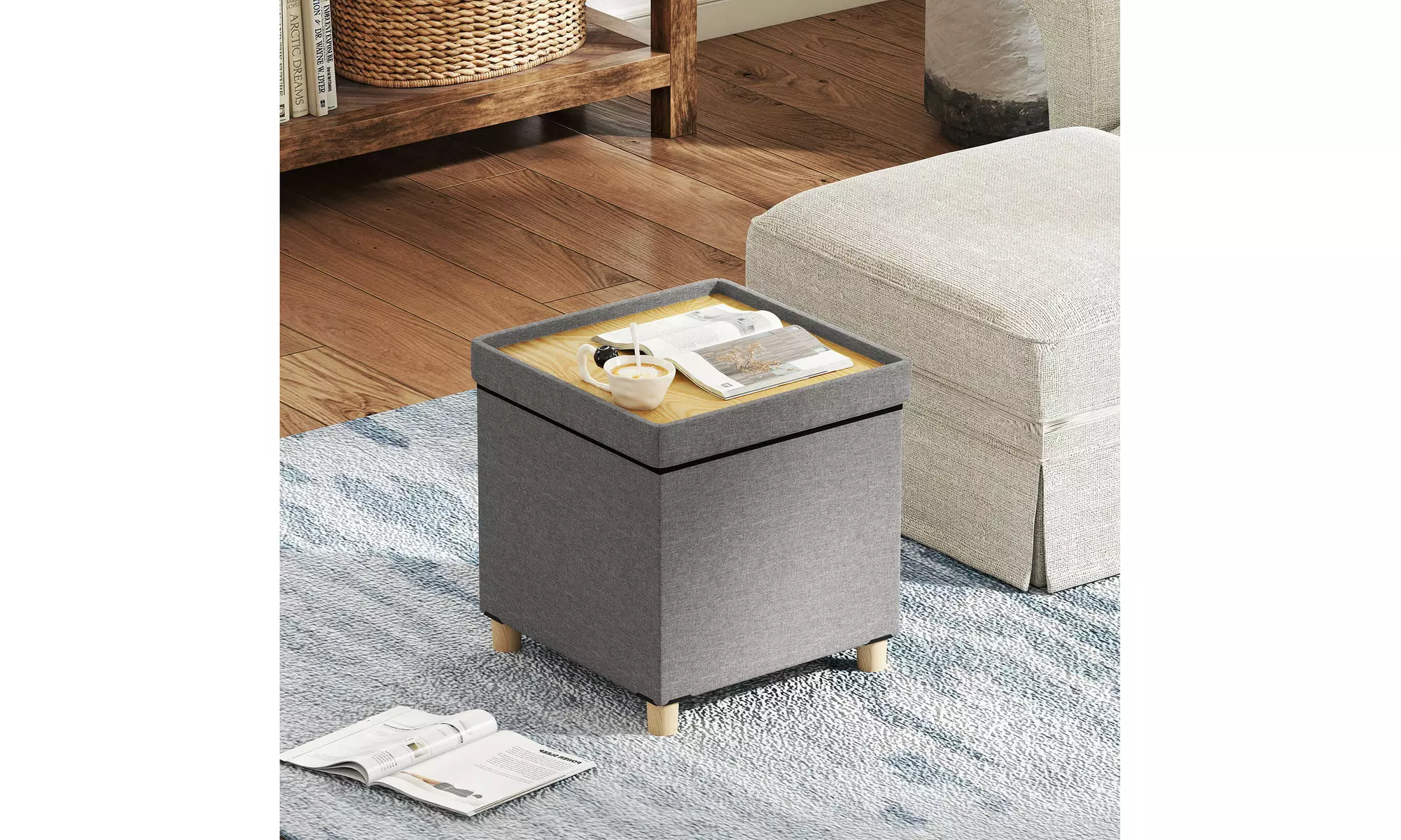 Costway 18 Inches Ottoman with Storage,Tray & Rubber Wood Legs for Small Space