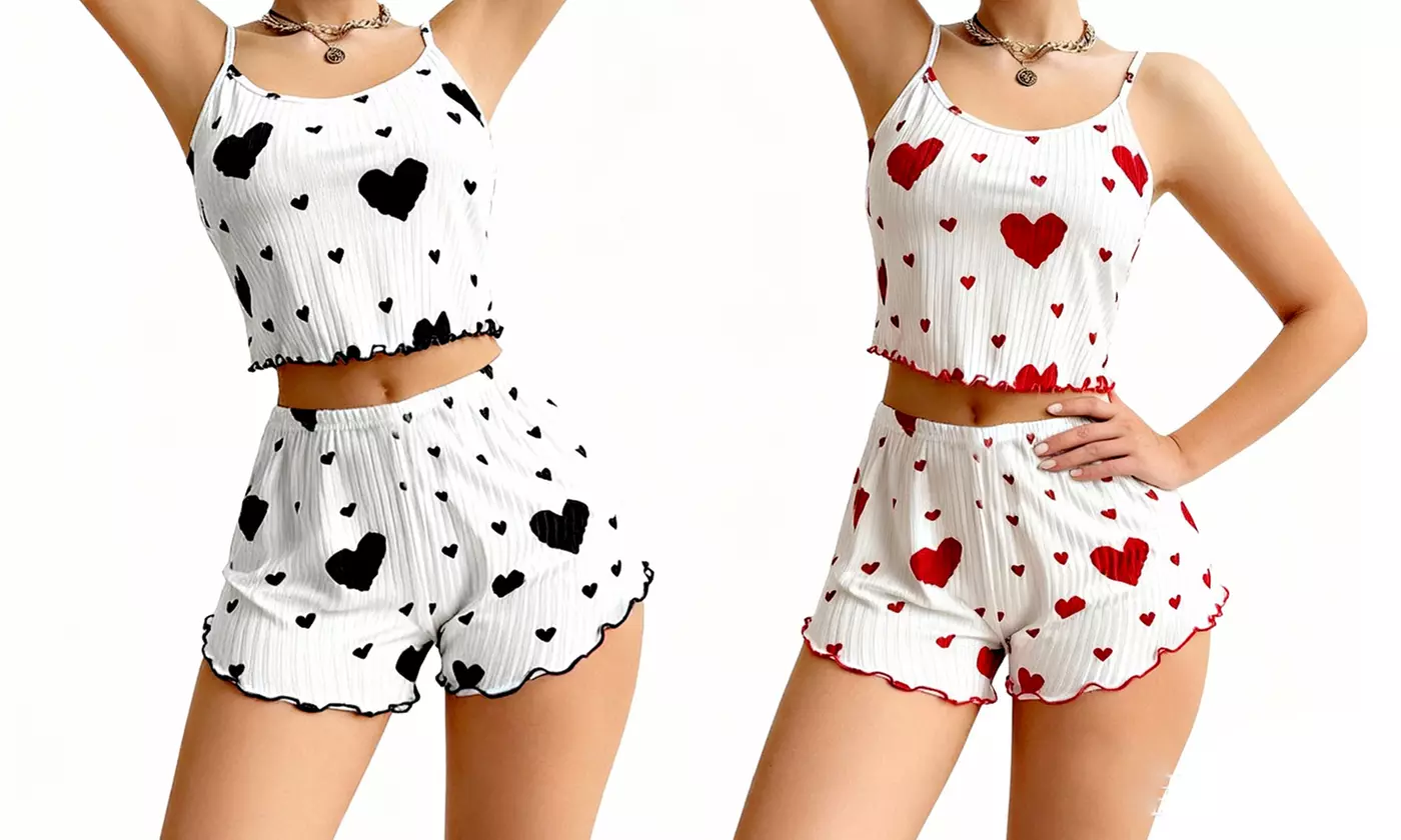 Women 2-Piece Cute Heart Print Pajama Set Cami Top & Shorts Summer Sleepwear
