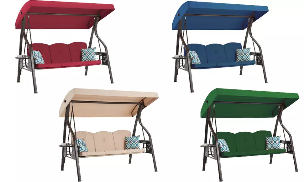 3-Seat Outdoor Porch Swing with Stand  with Canopy Pillows and Cup Holder