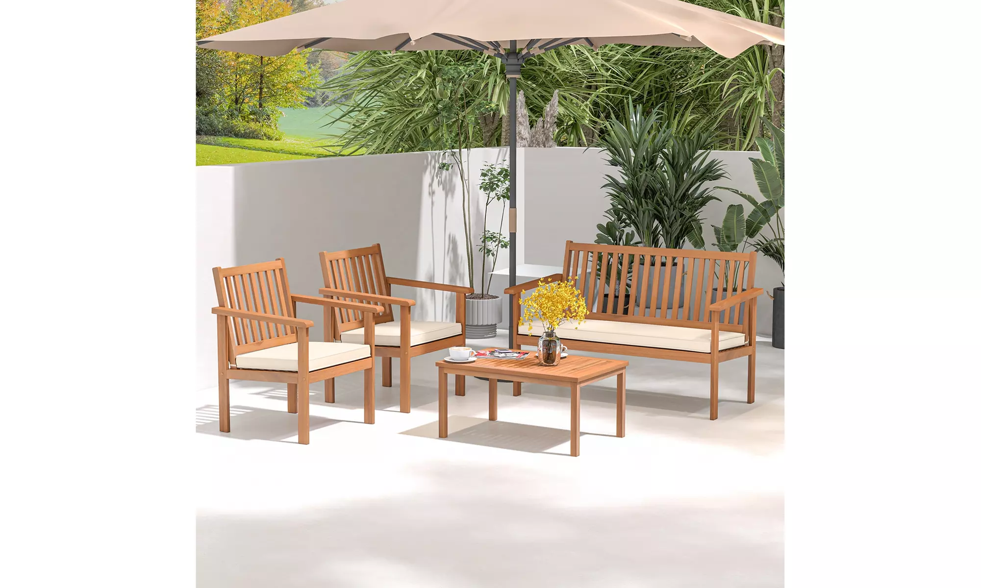 Costway 4 PCS Patio Wood Furniture Set with Loveseat, 2 Chairs & Coffee Table