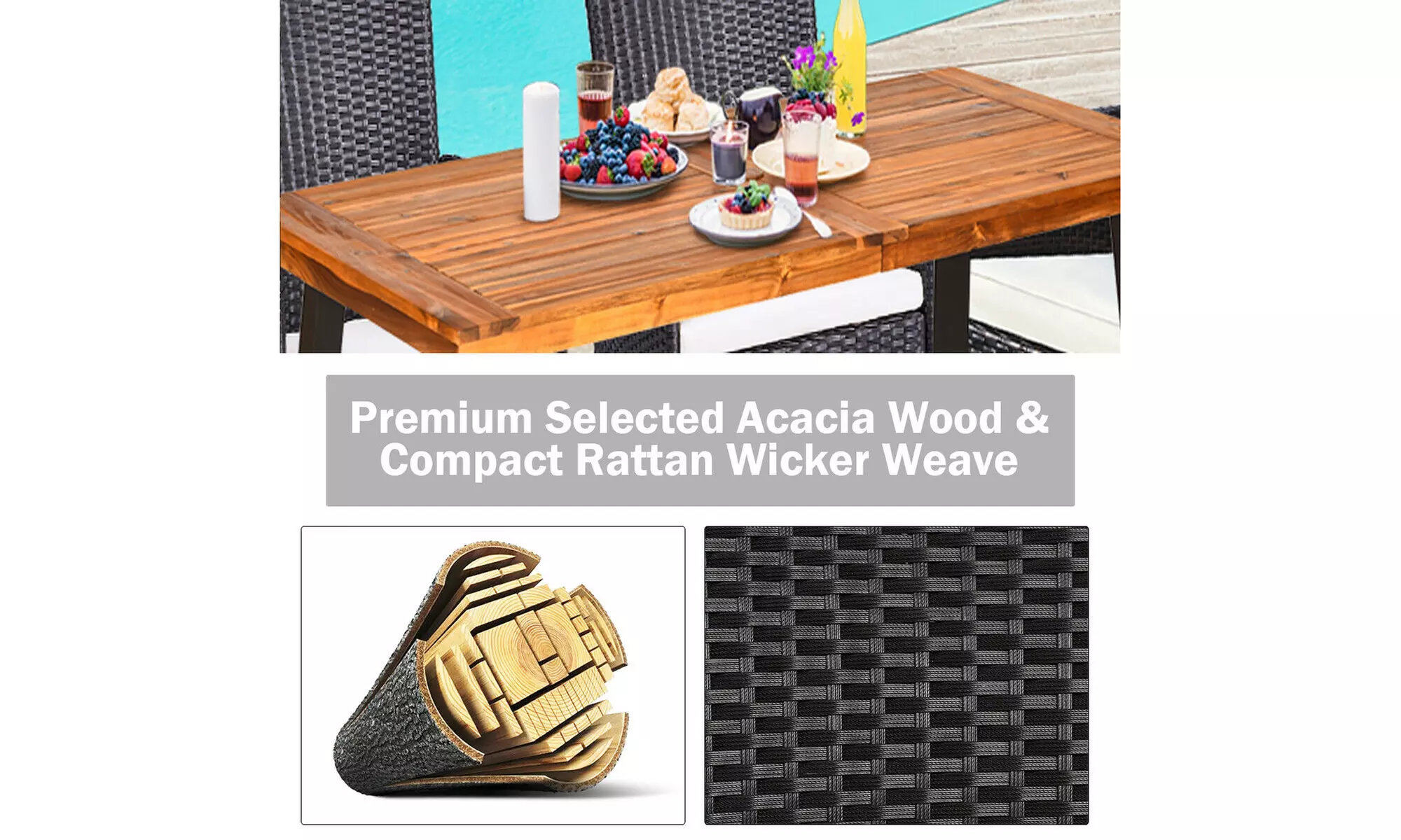 5 -Piece Acacia Wood Dining Set w/2 Wicker Chair 2 Bench Umbrella Hole