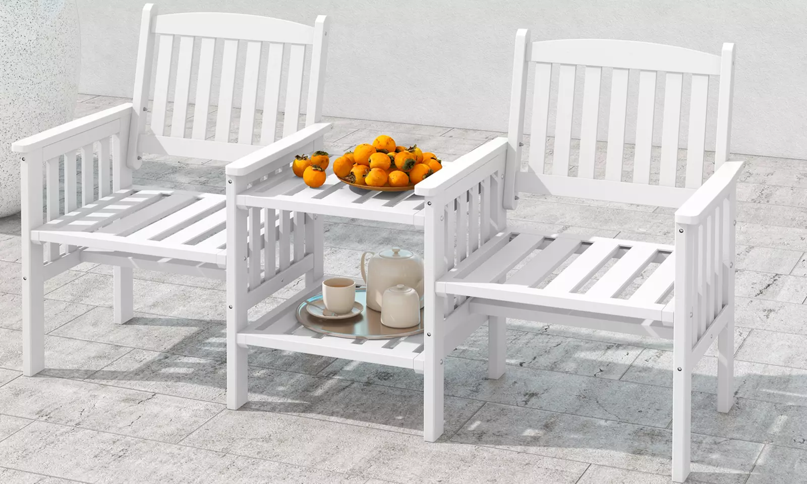 Costway Outdoor Fir Wood Loveseat with 2-Tier Side Table and 1.96" Umbrella Hole