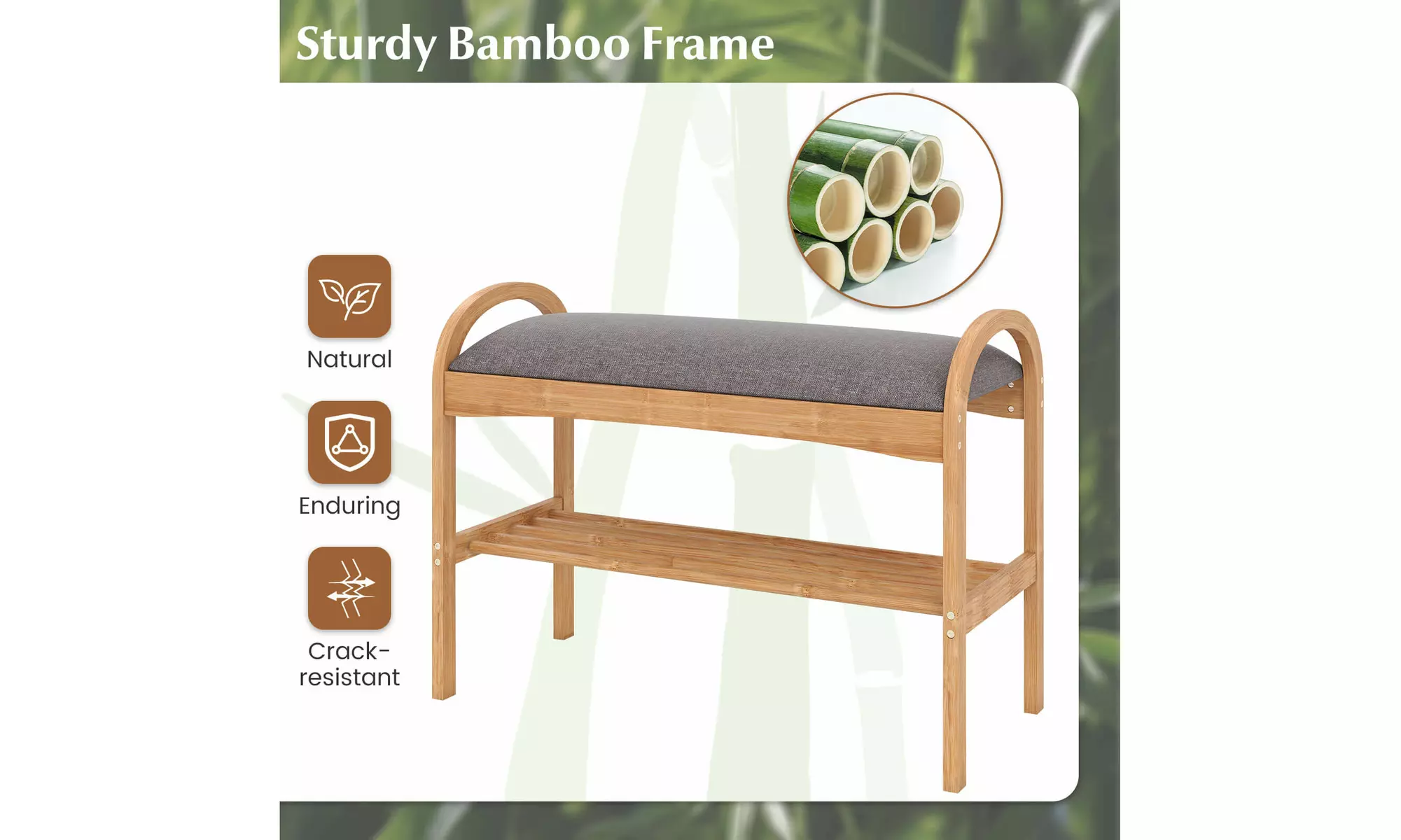 Costway Bamboo Entryway Shoe Bench 2-Tier Shoe Rack with Padded Seat Cushion