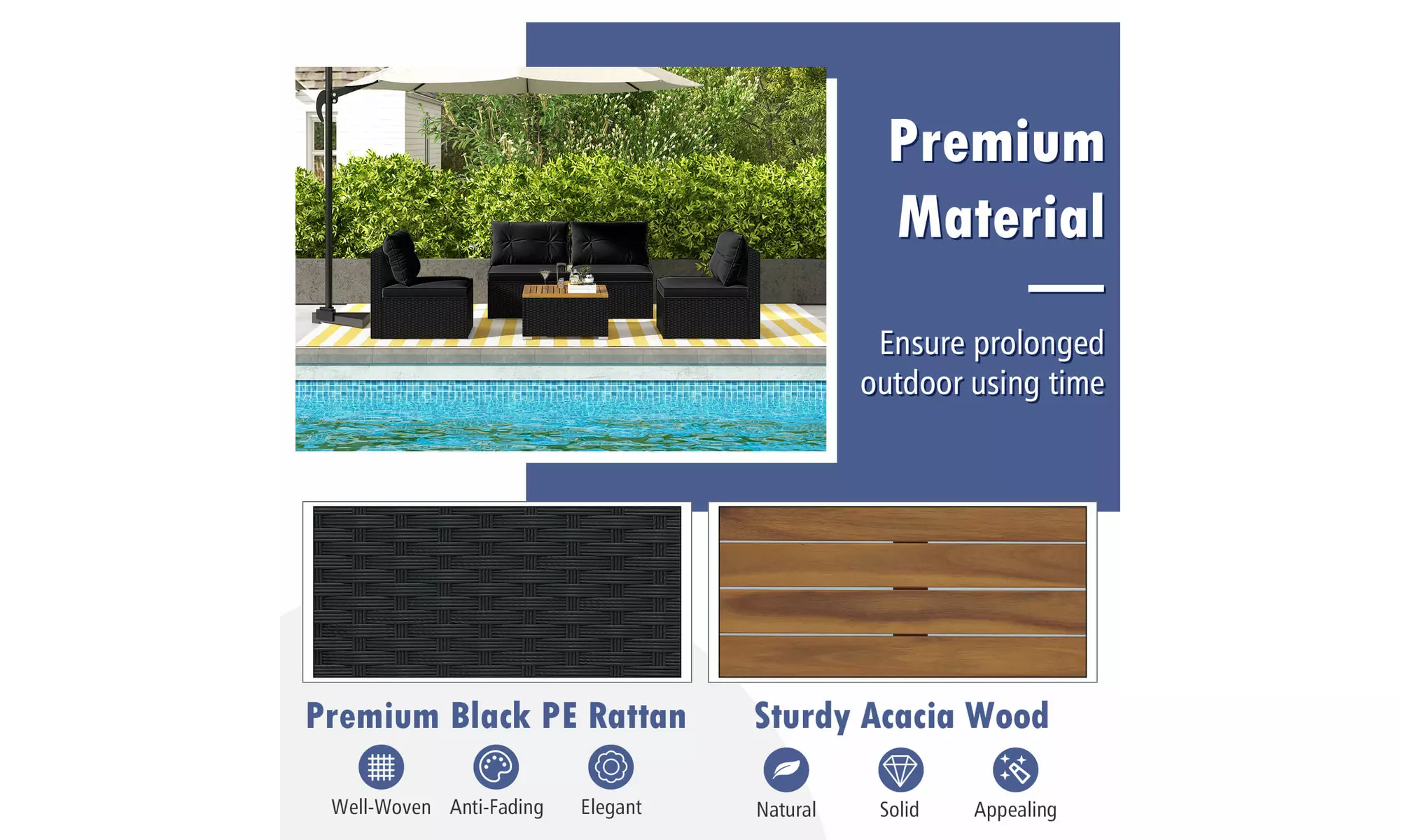 5 Piece Patio Rattan Furniture Set Acacia Wood Table Top Sofa Cushion Deck