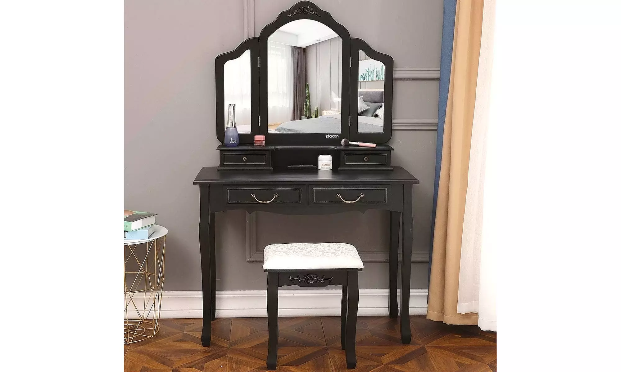Trifold Mirrors Makeup Vanity Table Set Vanity Beauty Station w/Cushioned Stool - Primary Image