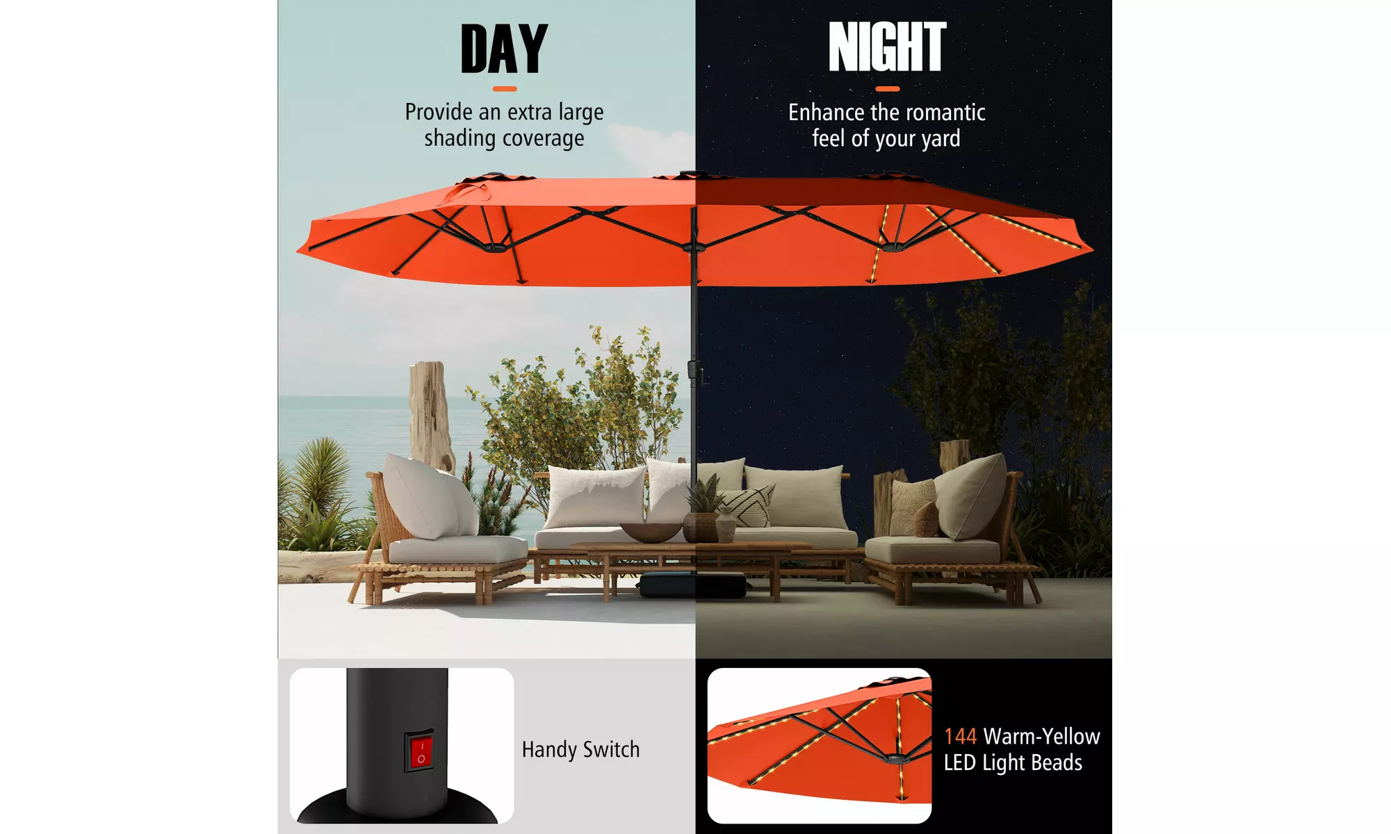 Costway 15.5 FT Extra-Large Patio Umbrella with LED Solar Lights