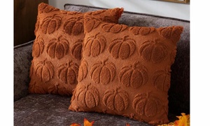 Set of 2 Pumpkin Fall Decorative Faux Fur Throw Pillow Covers 18"x18"