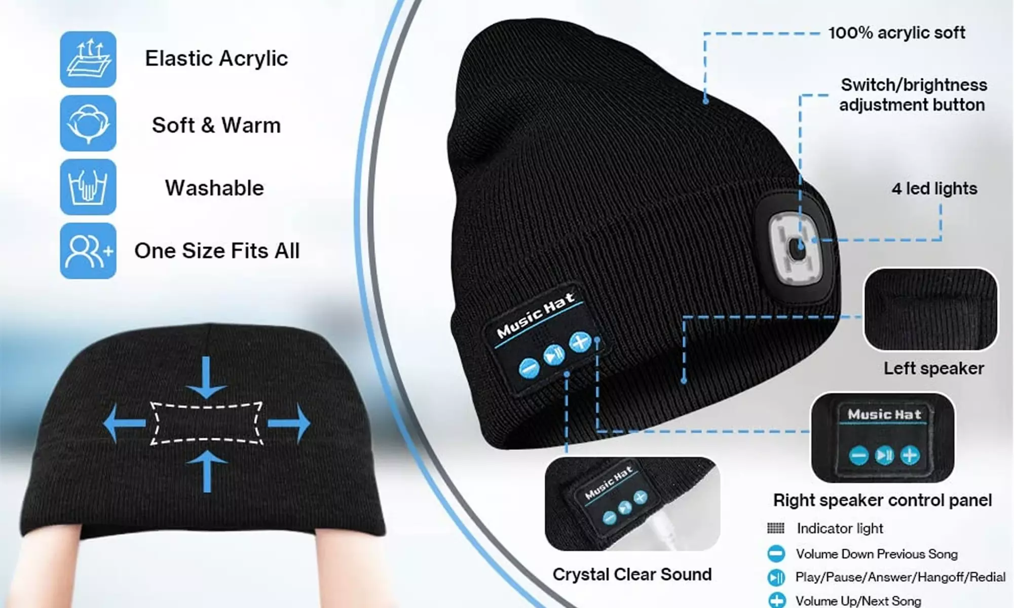 Bluetooth LED Beanie Hats with Light Bluetooth Headlamp Cap Gift for Christmas