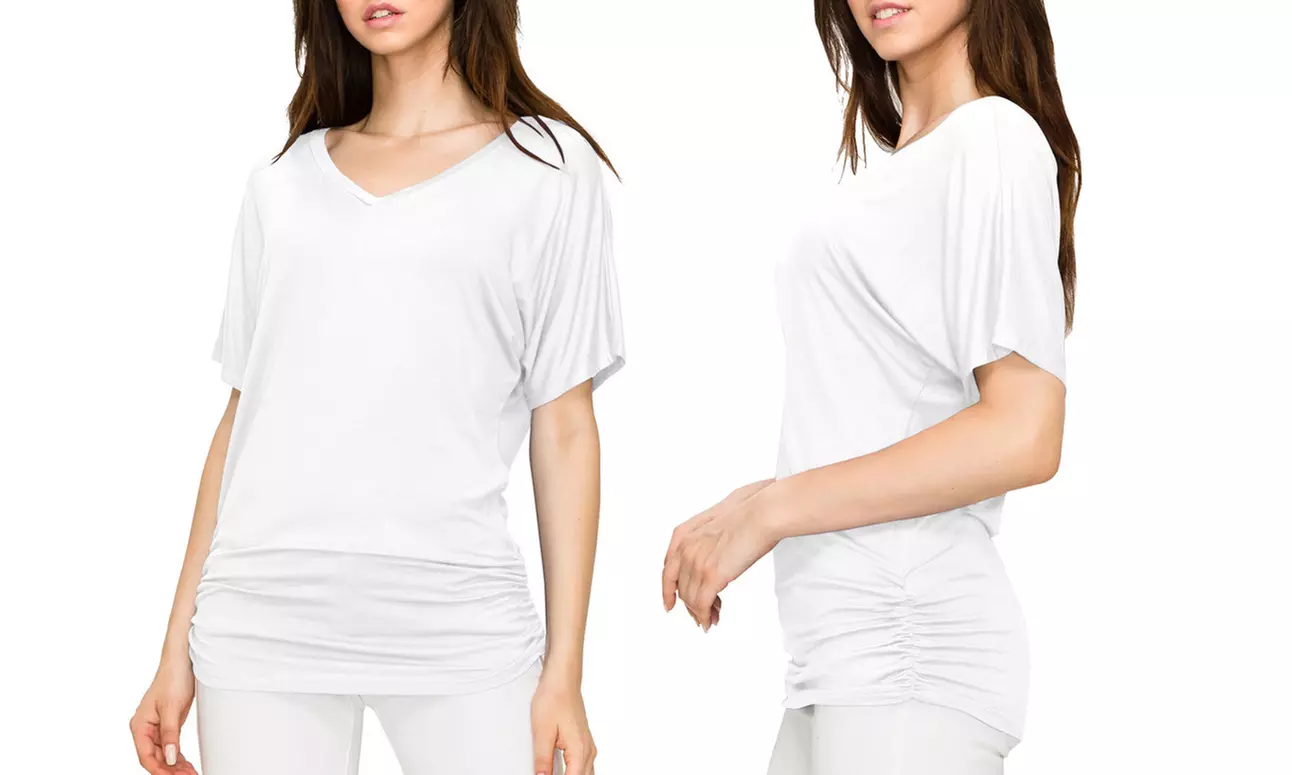 Made by Johnny Womens Solid Short Sleeve V-Neck Dolman Top with Side Shirring