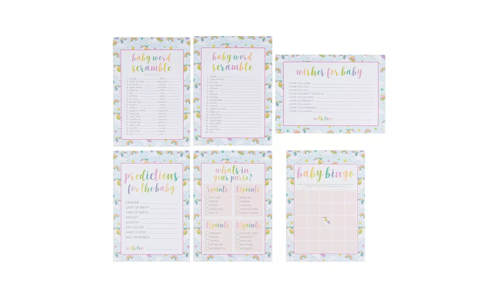 Baby Shower Game Cards Word Scramble, Bingo, Well Wishes (5 Set, 50 Sheets Each) - Second Medium