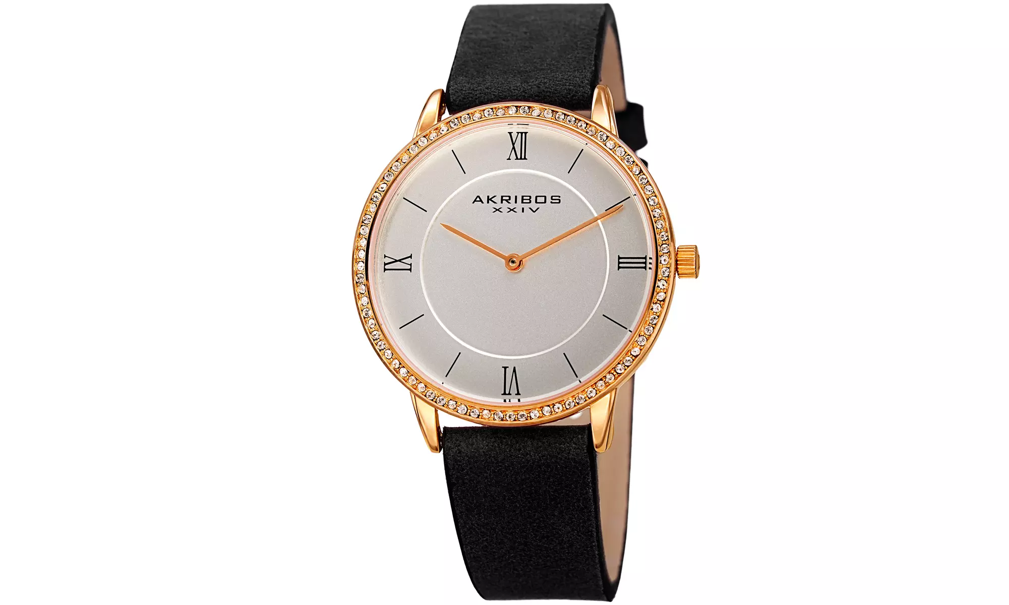 Akribos XXIV Ladies Classic Crystal Easy-to-Read Black Leather Strap Watch - Primary Image