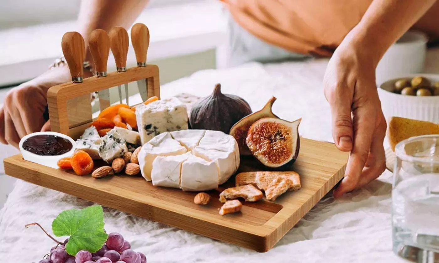NewHome Bamboo Cheese Board & Charcuterie Platter Set w/ Knife Holder & Cutlery