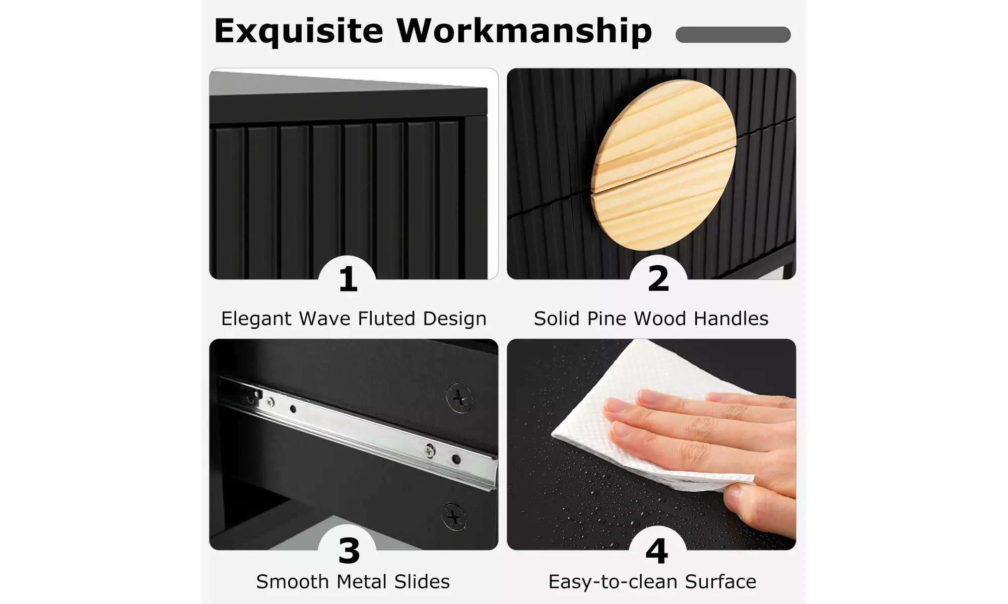 Costway Fluted Nightstand with 2 Drawers with Pine Wood Handles & Metal Frame