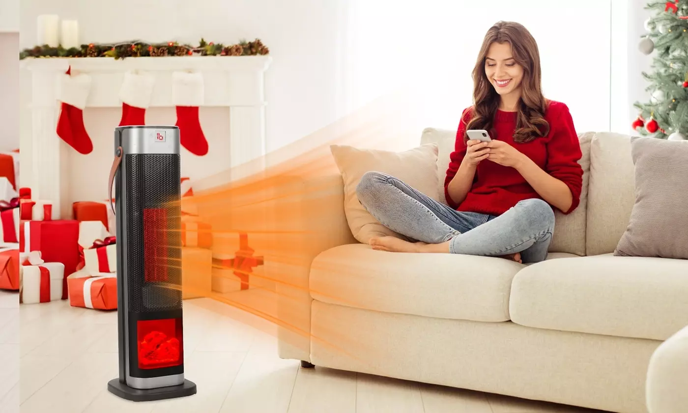 iMounTEK 1500W Oscillating Ceramic Tower Space Heater with 3D Flame & 3 Modes