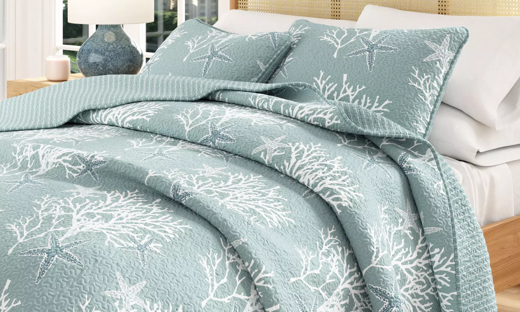 FreshFolds Reversible Coastal Themed Quilt Set (2- or 3-Piece) Seaside Escape