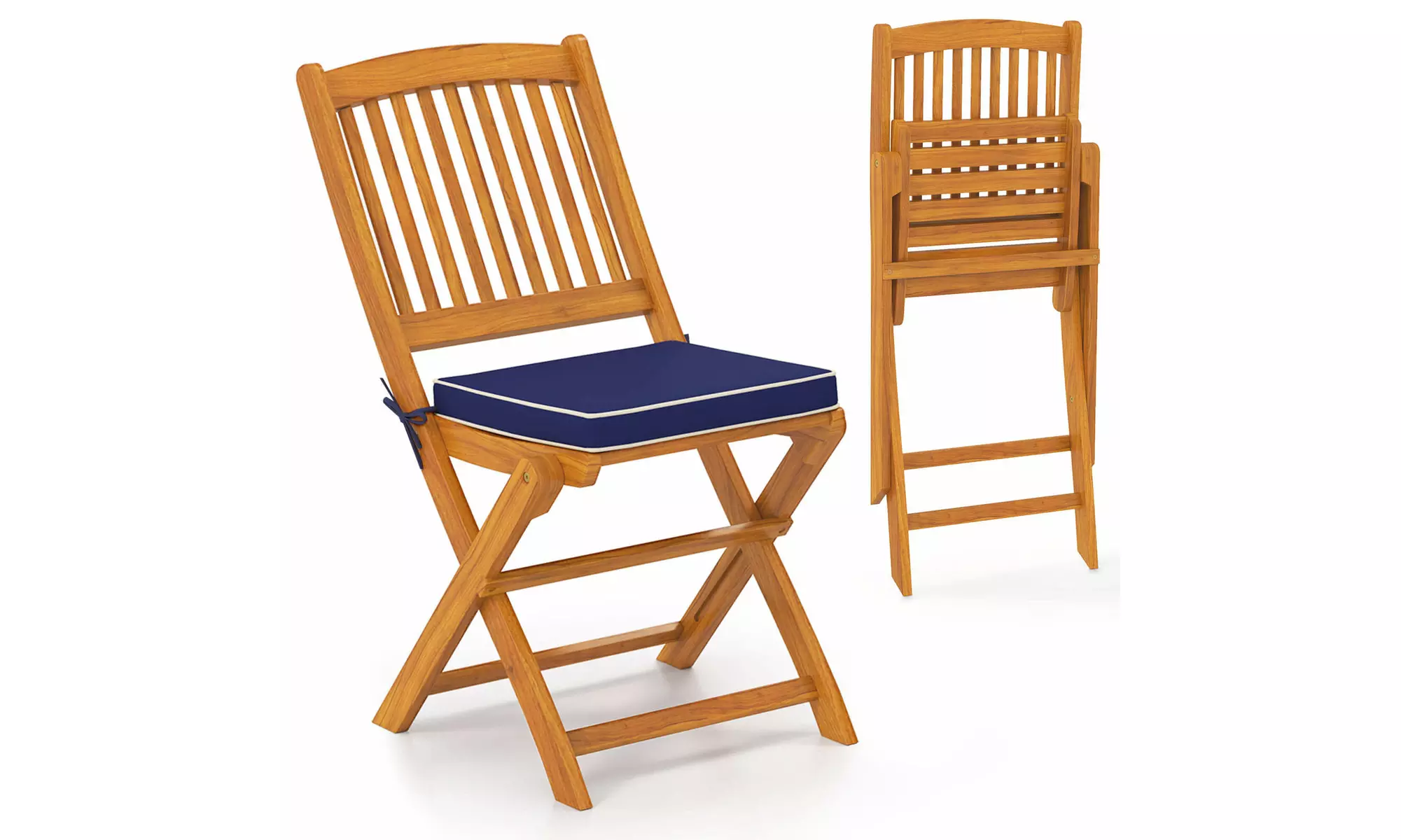Costway Outdoor Folding Chairs Acacia Wood High-Back Chair with Seat Cushions