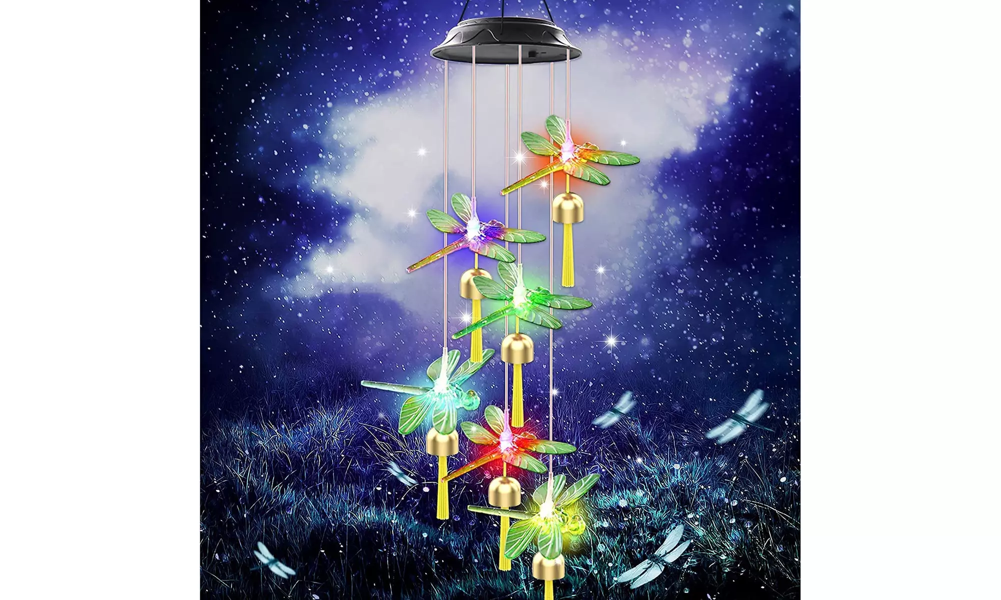 Dragonfly Solar Light Wind Bell Chimes Color Changing Decorative Hanging Light - Primary Image