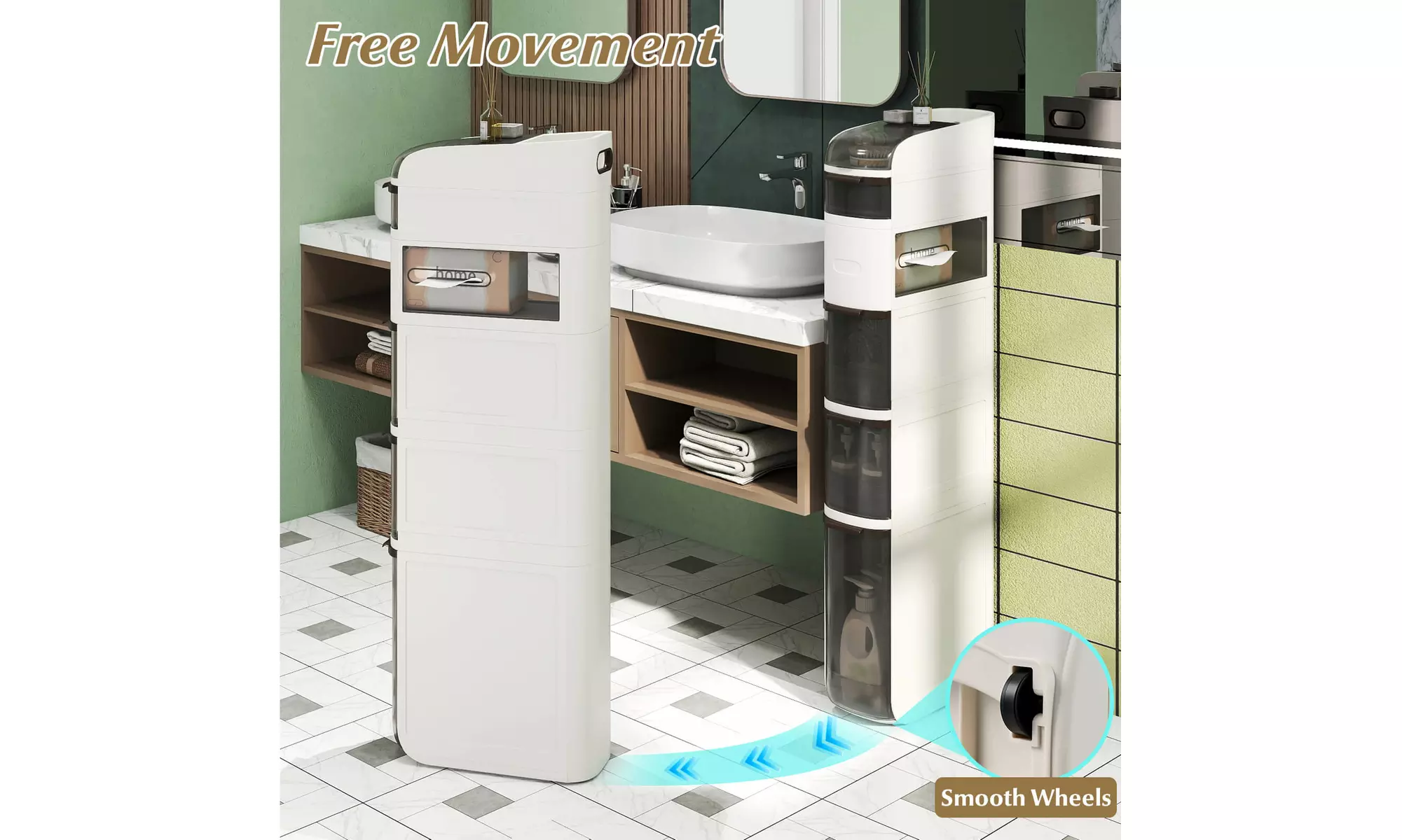 Costway Narrow Bathroom Storage Cabinet with Drawers Tissue Box Wheels