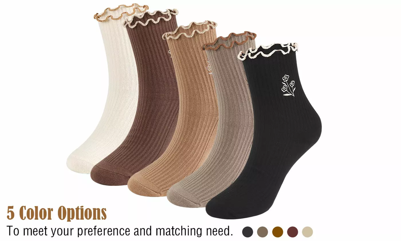 Womens Breathable Cotton Knit Ruffle Turn-Cuff Casual Ankle Socks(5 Packs)