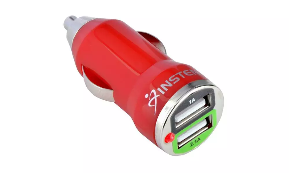 Insten Dual USB 2A Mini Car Charger Adapter Red iPhone Samsung Galaxy - Primary Image