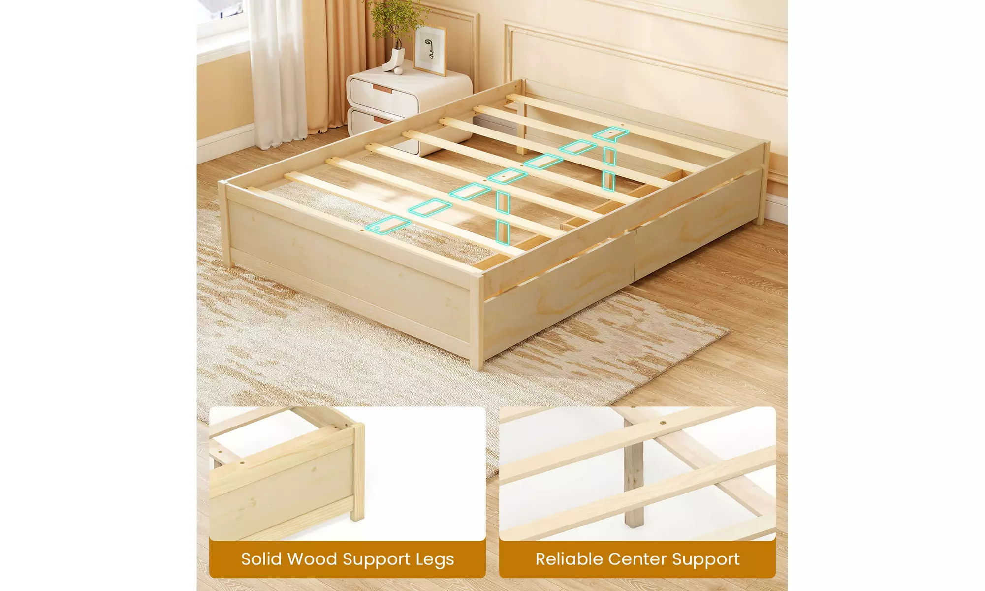 Costway Wooden Platform Bed Frame with 2 Rolling Storage Drawers