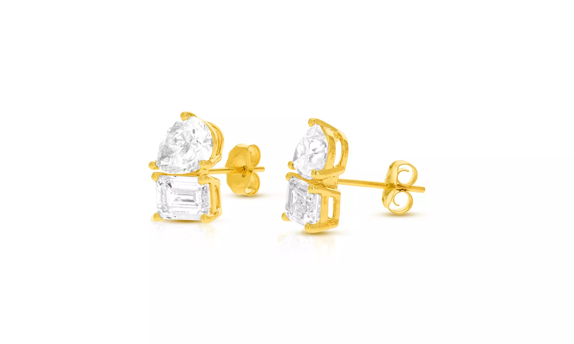 Lab Grown Diamond Stud Earrings Emerald and Pear Shape 14K Gold with Push Backs