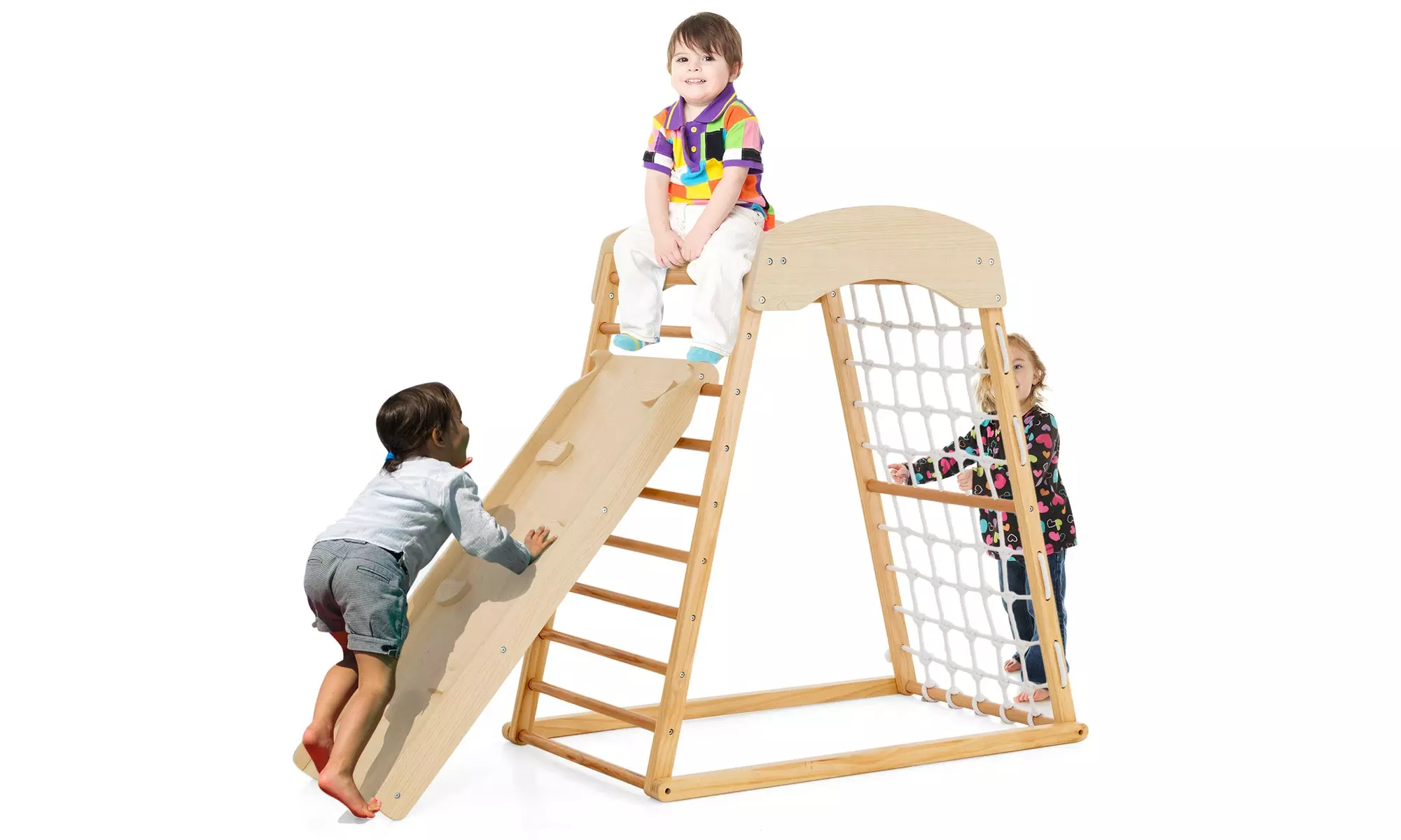 Costway 6-in-1 Wood Jungle Gym Montessori Climbing Play Set w/ Double-sided Ramp