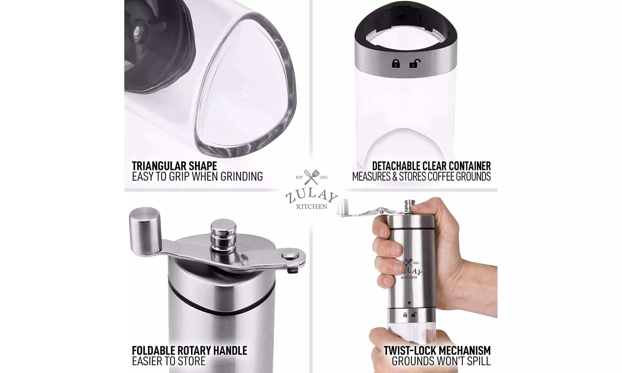 Zulay Kitchen New Manual Coffee Grinder, Folding Handle - Stainless Steel - Second Medium