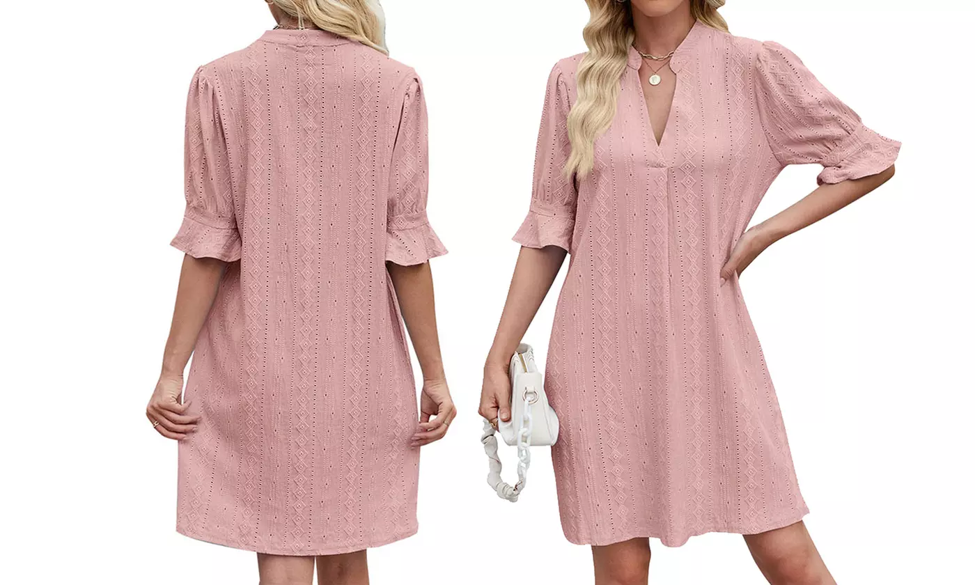 Women's V Neck Ruffled Half Sleeves Shift Dress Flowy Summer Beach Cover Up
