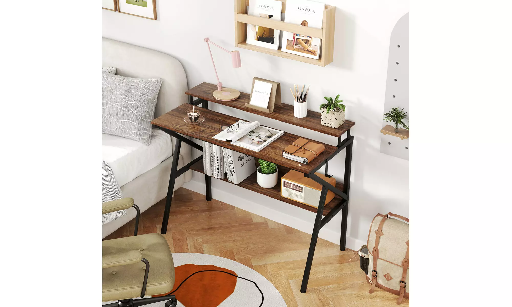 Costway Home Office Desk with Monitor Stand, Open Shelf and Metal Frame