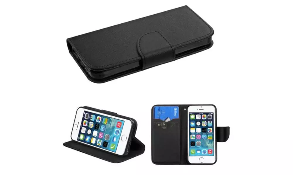 Insten Leather Fabric Case stand card slot For iPhone 5 5S Black - Primary Image