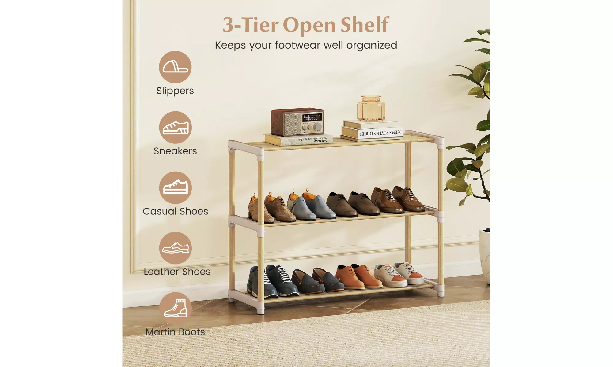 Costway Solid Wood Shoe Shelf Stand with Slatted Open Shelves for Entryway