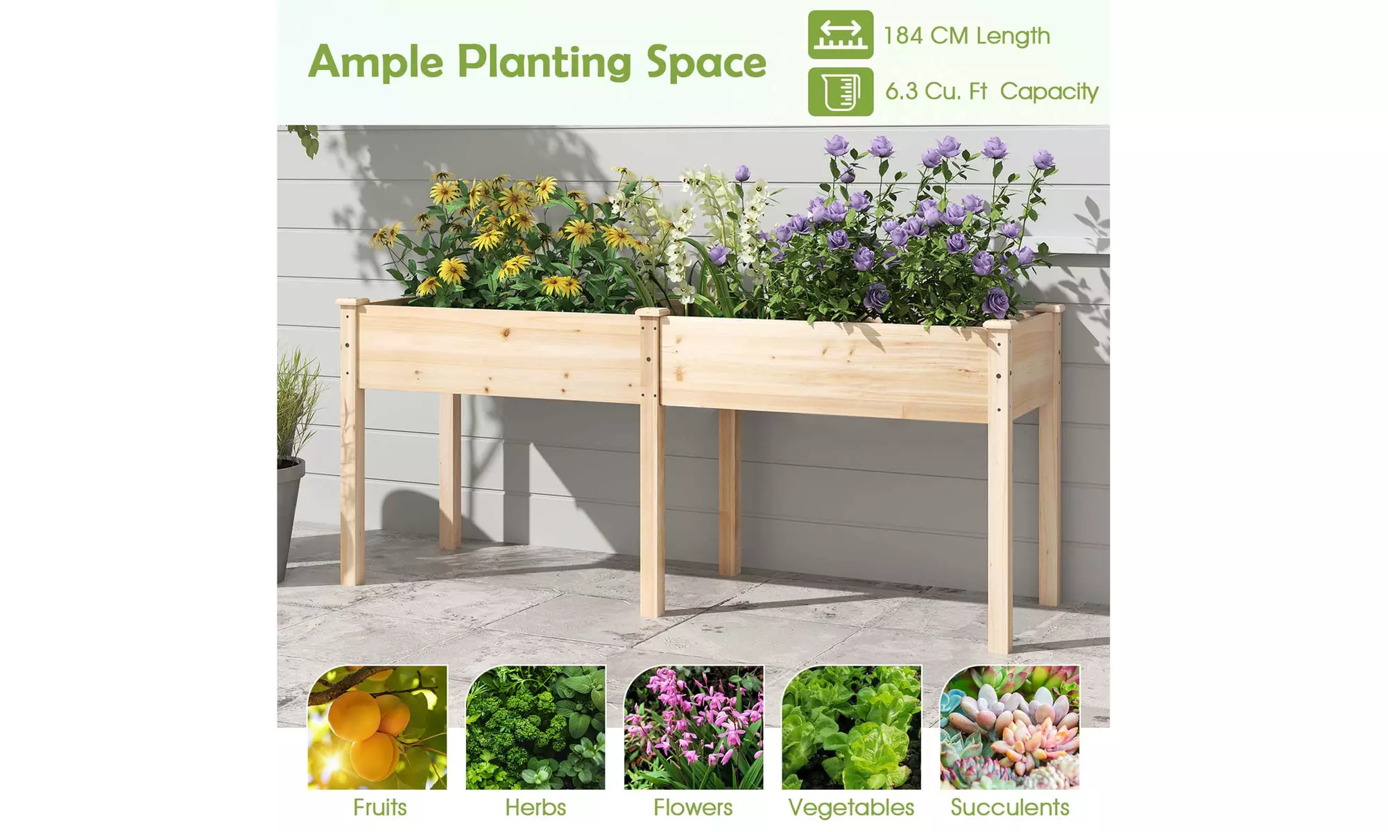 Costway Outdoor Raised Garden Bed with Legs Wood Planter Box with Divider Panel