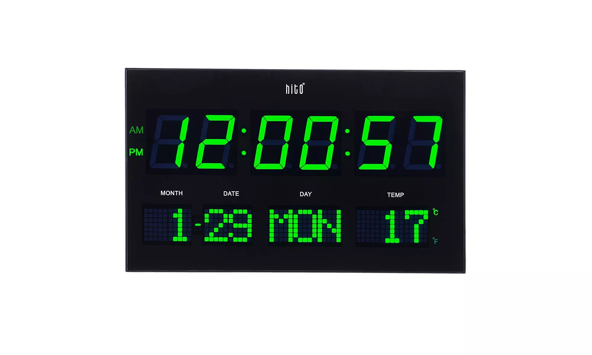 hito Large Oversized LED Wall Clock Seconds Date Day Indoor, Green - Primary Image