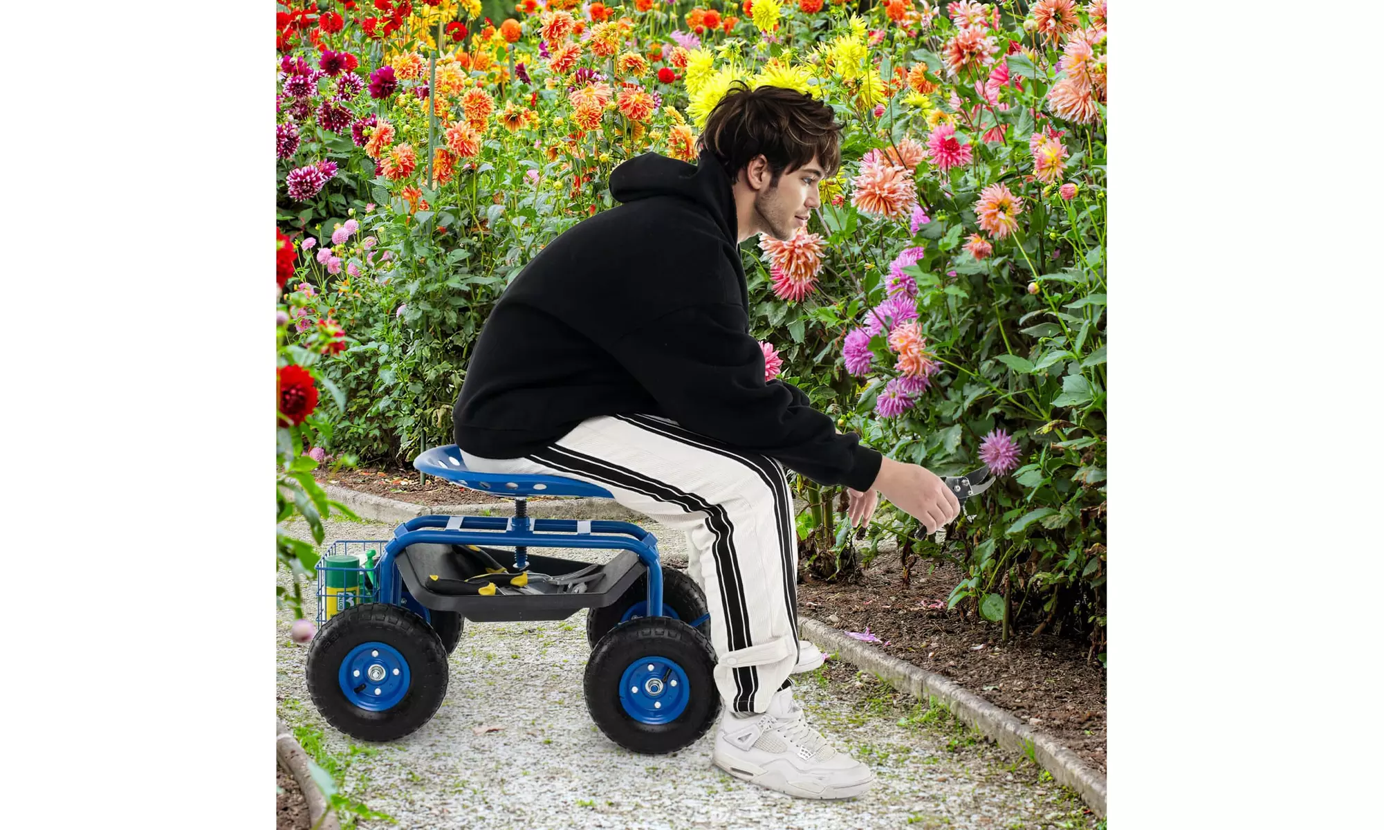 Costway Garden Cart Patio Wagon Rolling Work Seat with Tool Tray Basket Planting