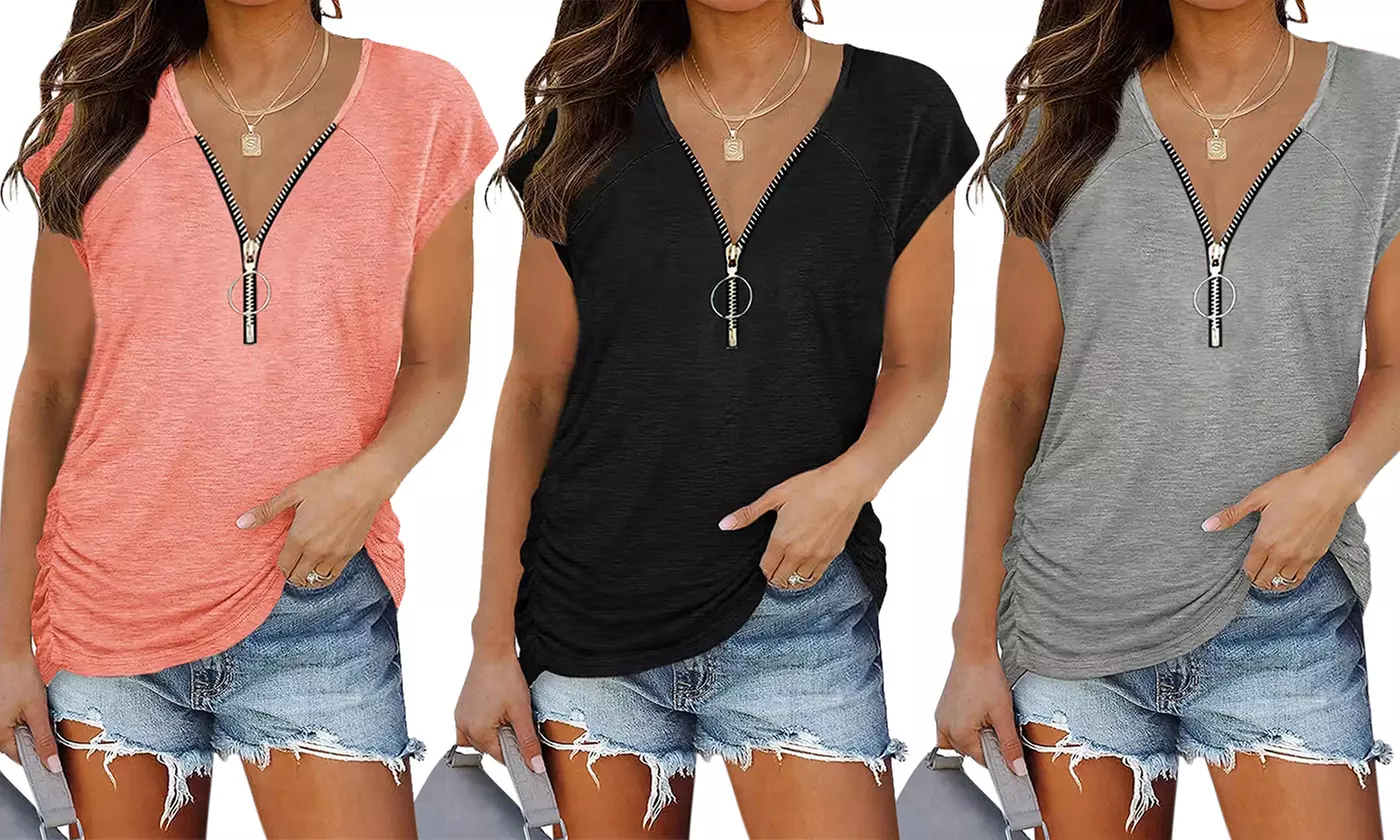 Women's Casual Zip Up T-Shirts Fall Winter Deep V Neck Short Sleeve Tunic Tops