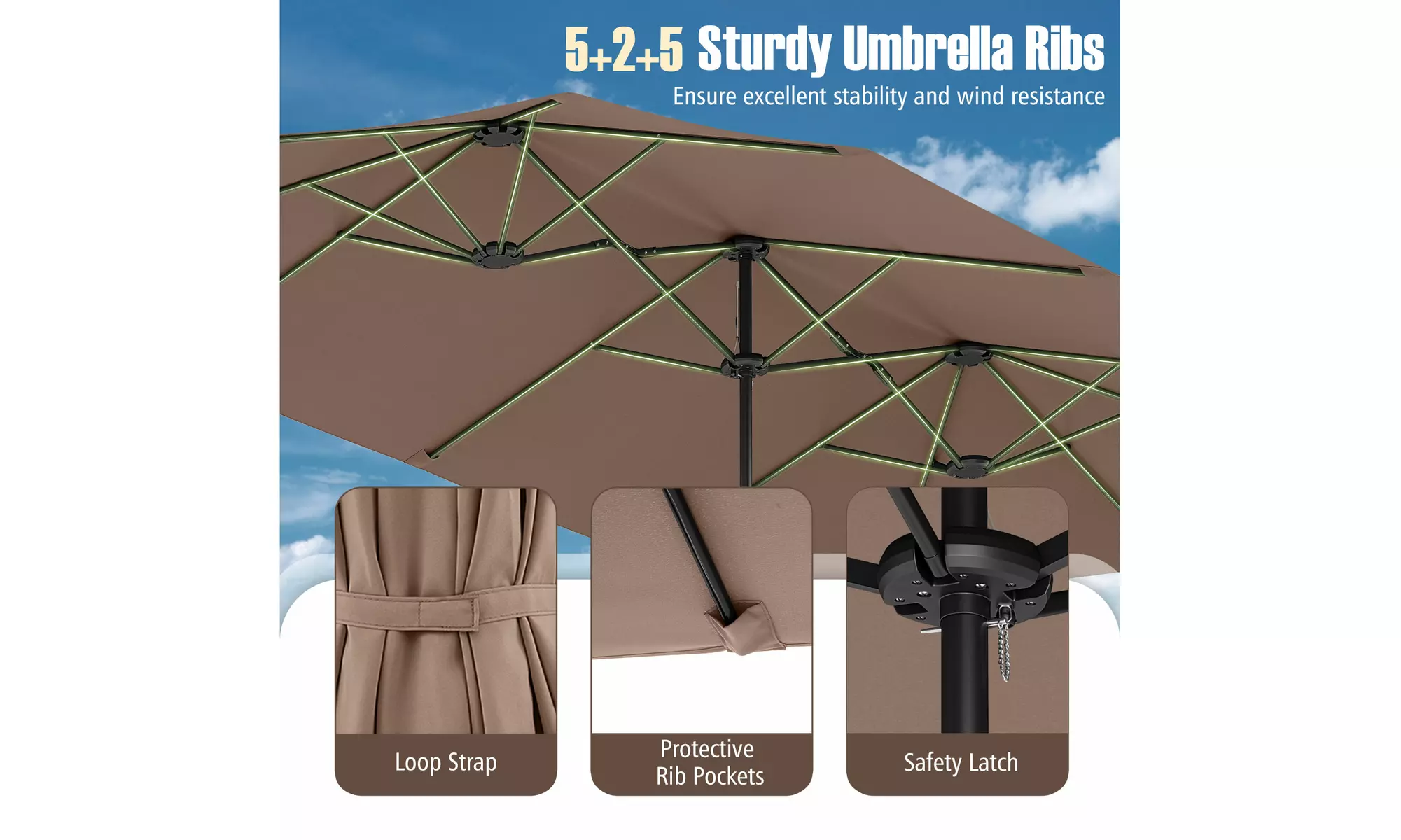 Costway 15.5 FT Extra-Large Patio Umbrella with LED Solar Lights