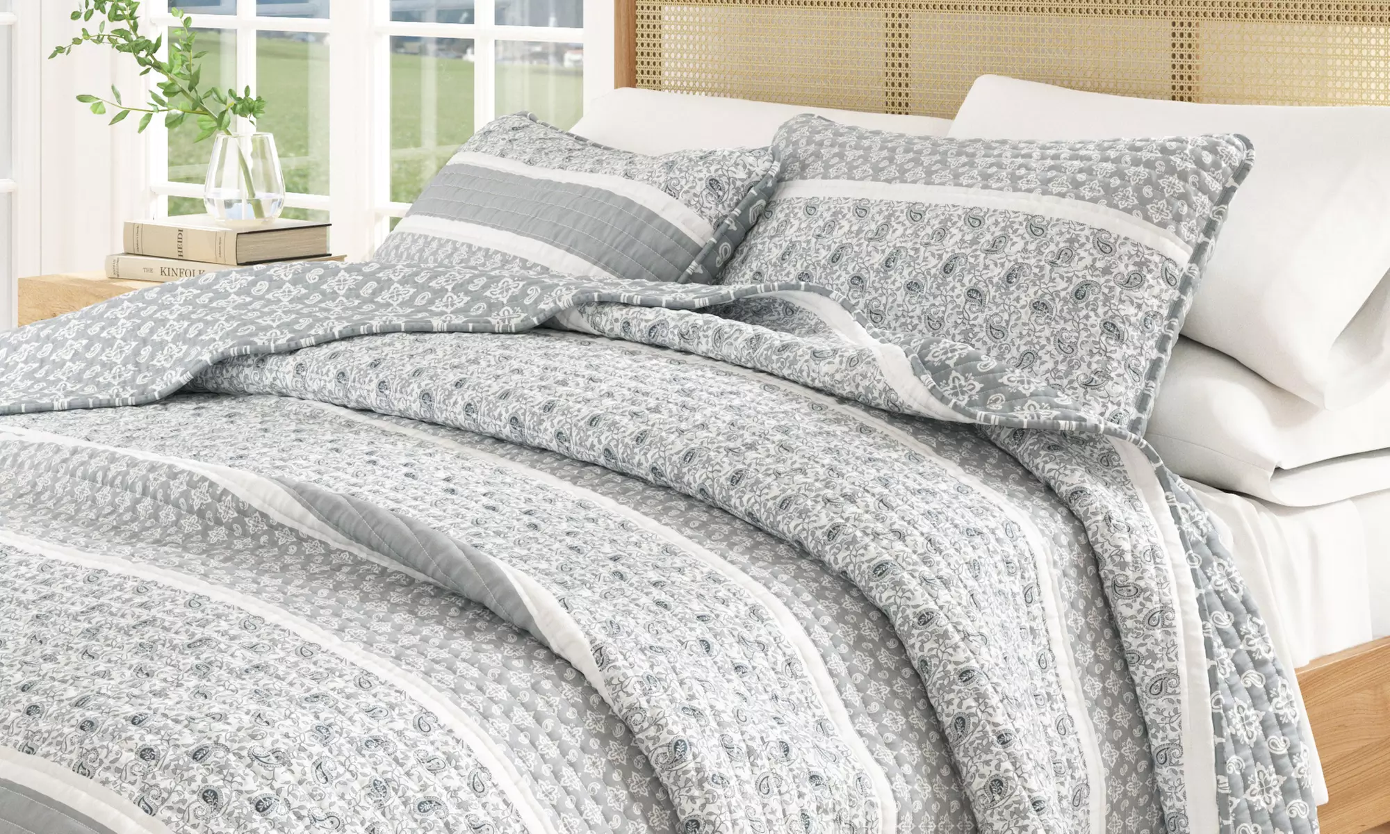 FreshFolds Stripe and Paisley Microfiber Reversible Quilt Set with Shams