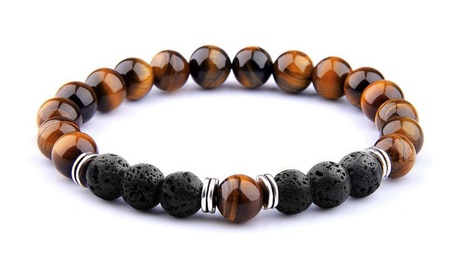 Tiger Eye Mens Lava Rock And Hematite Bracelet Tiger Eye Stainless Steel Gold - Lava Stone