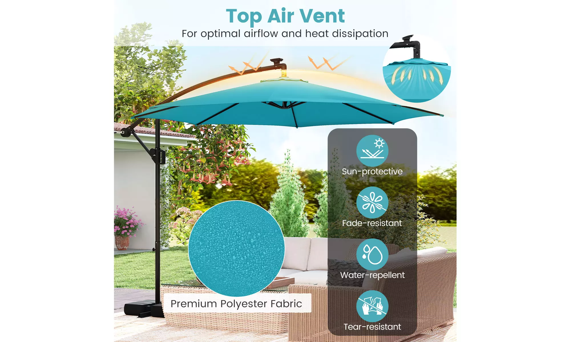 Costway 10 FT Solar Offset Hanging Umbrella with Base