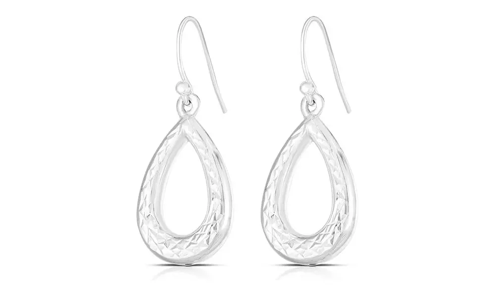 Italian Made 925 Sterling Silver Diamond Cut Teardrop Hook Earrings For Women