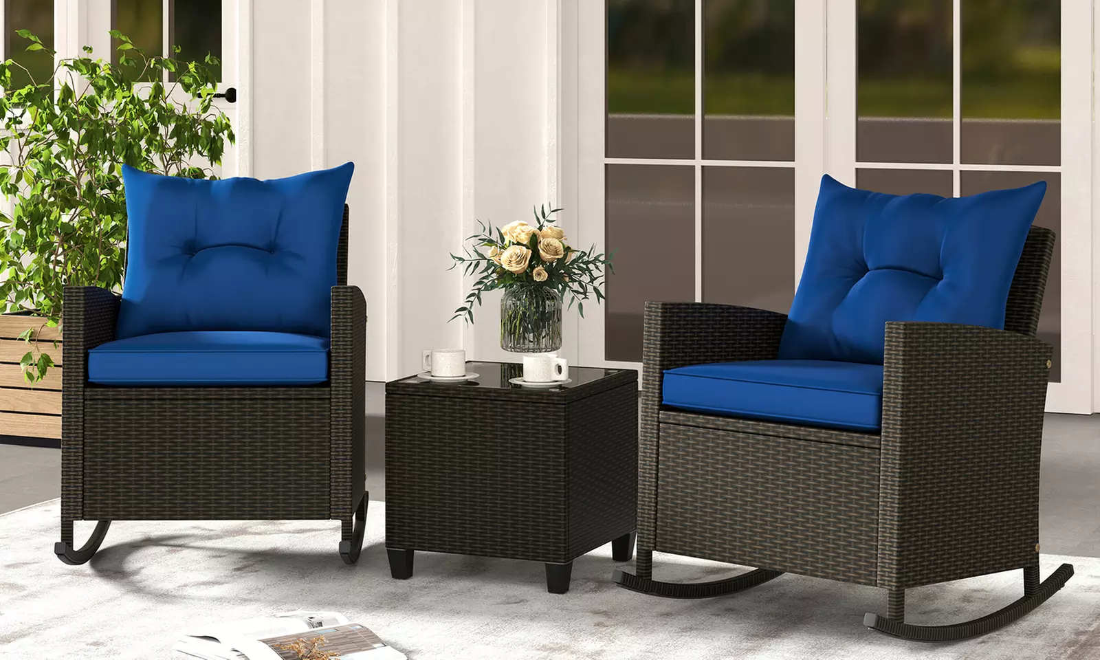 Costway 3 PCS Patio Wicker Rocking Set with Tempered Glass Table & Soft Cushions