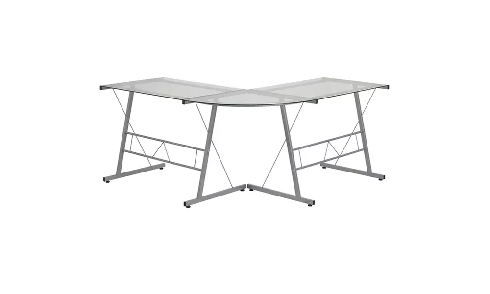 Glass L-Shape Computer Desk with Silver Frame Finish - Second Medium