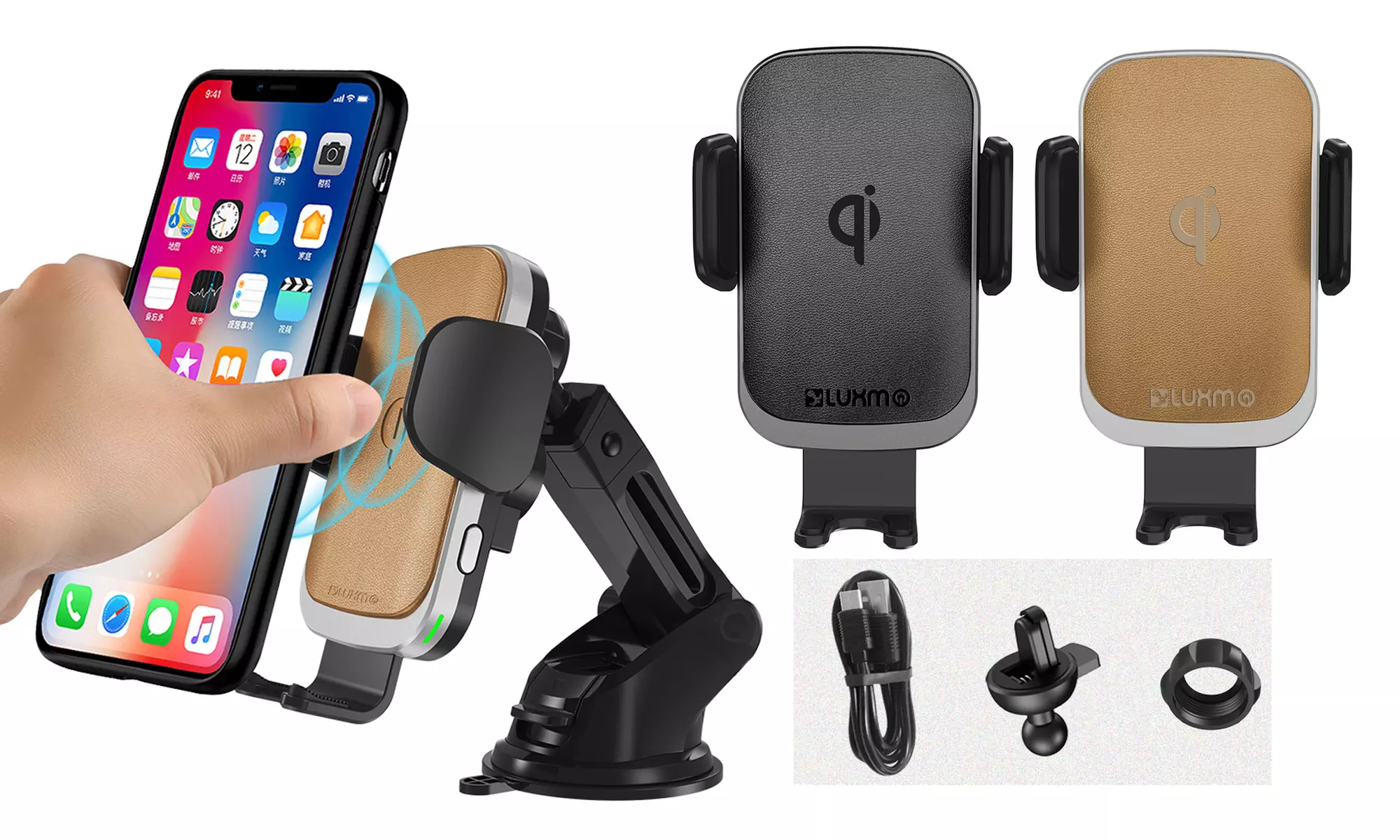 10W Fast Wireless Charging Car Mount Holder with Leather Pad - Primary Image