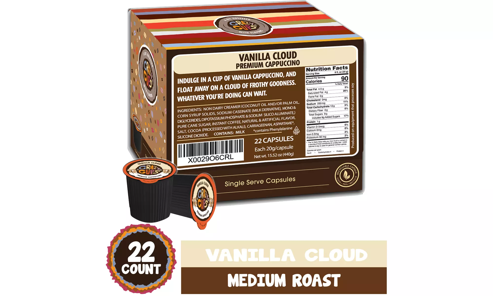 Crazy Cups Hot or Iced Cappuccino K Cups Carmel or Vanilla 22 or 80 ct