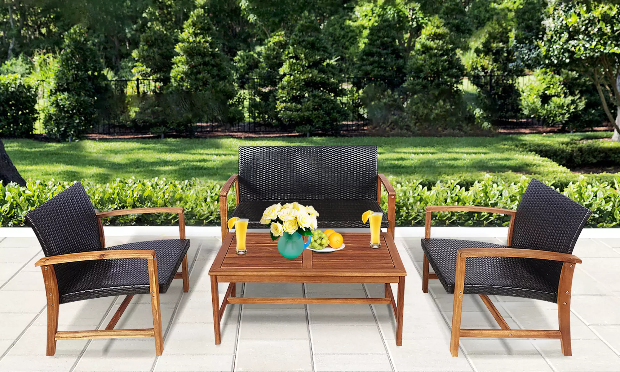 Costway 4PCS/8PCS Outdoor Patio Rattan Furniture Set Acacia Wood Frame Sofa - Primary Image